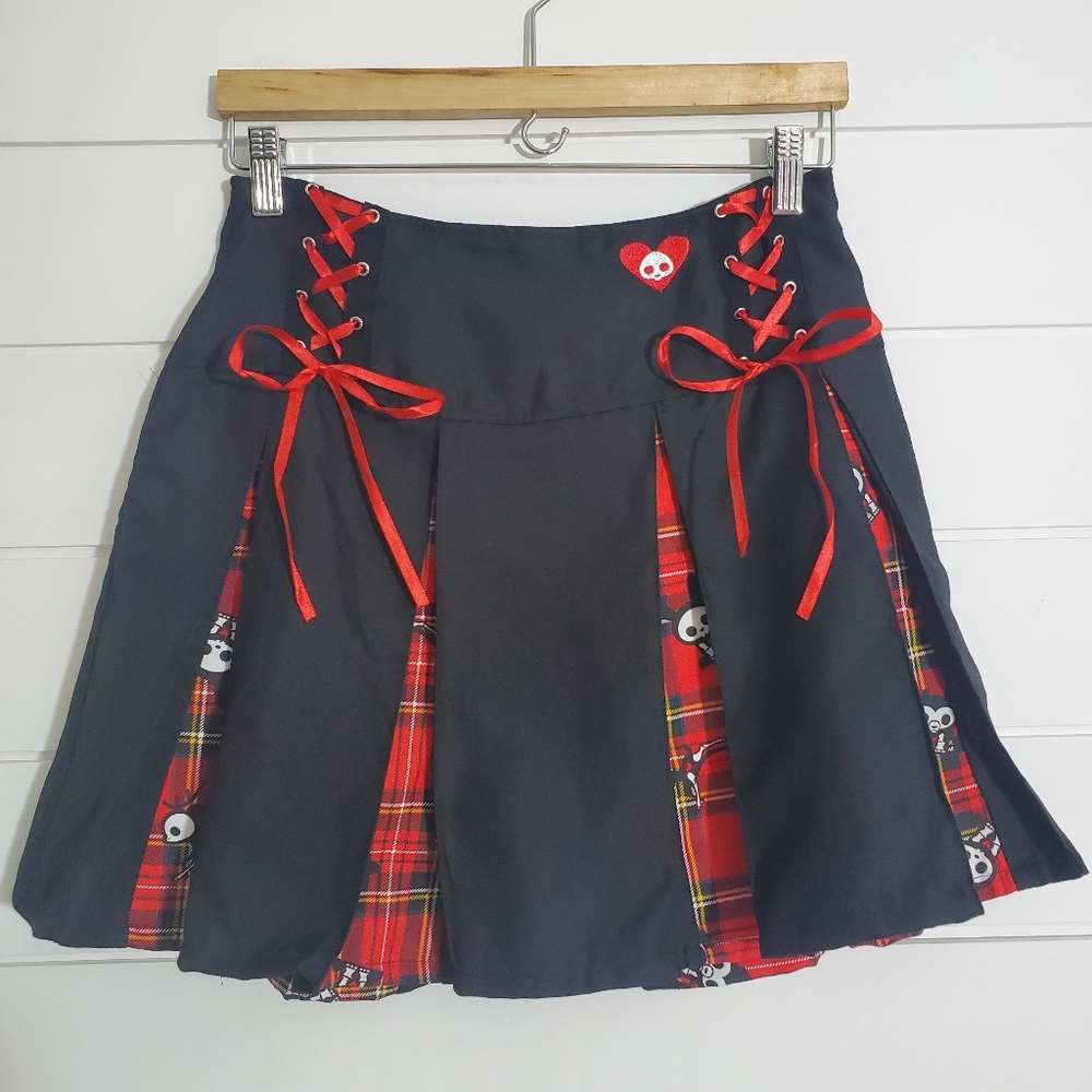 Hot Topic Skelanimals Plaid Contrast Pleated Skull‎ Skirt Black Red  Size SM